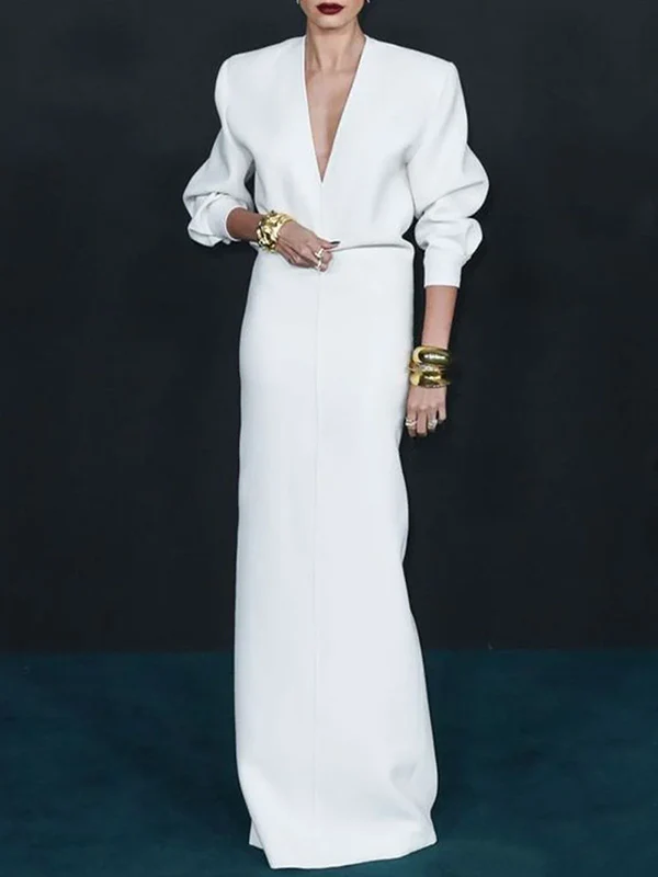 Long Sleeves Loose Solid Color Deep V-Neck Maxi Dresses - Image 2