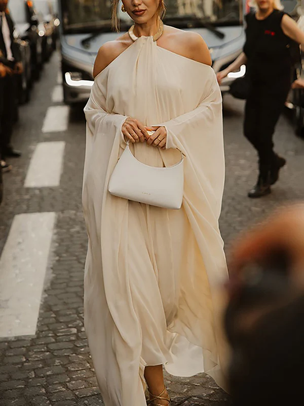 Long Sleeves Loose Solid Color Halter-Neck Maxi Dresses - Image 2
