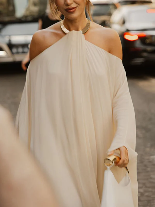 Long Sleeves Loose Solid Color Halter-Neck Maxi Dresses - Image 7