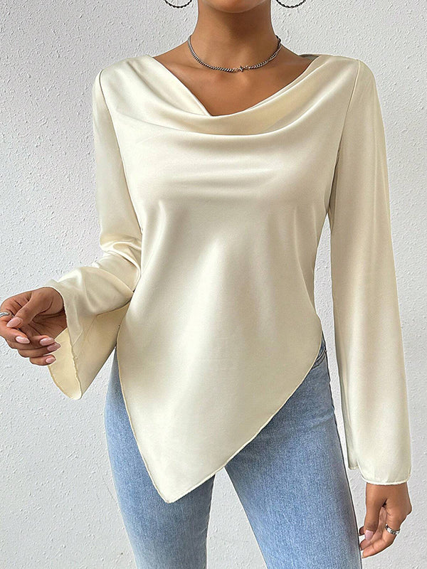 Long Sleeves Loose Solid Color Heaps Collar T-Shirts Tops - Image 2