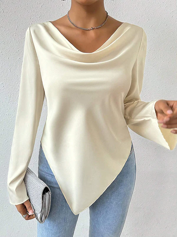 Long Sleeves Loose Solid Color Heaps Collar T-Shirts Tops - Image 3