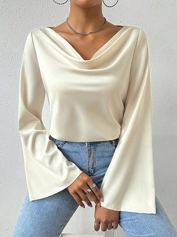 Long Sleeves Loose Solid Color Heaps Collar T-Shirts Tops - Image 4