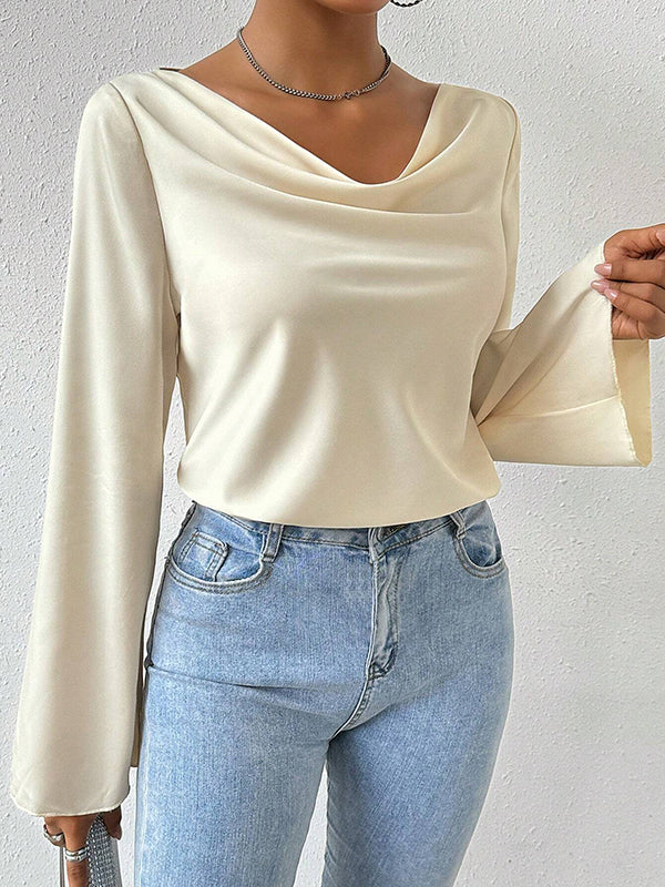 Long Sleeves Loose Solid Color Heaps Collar T-Shirts Tops - Image 5