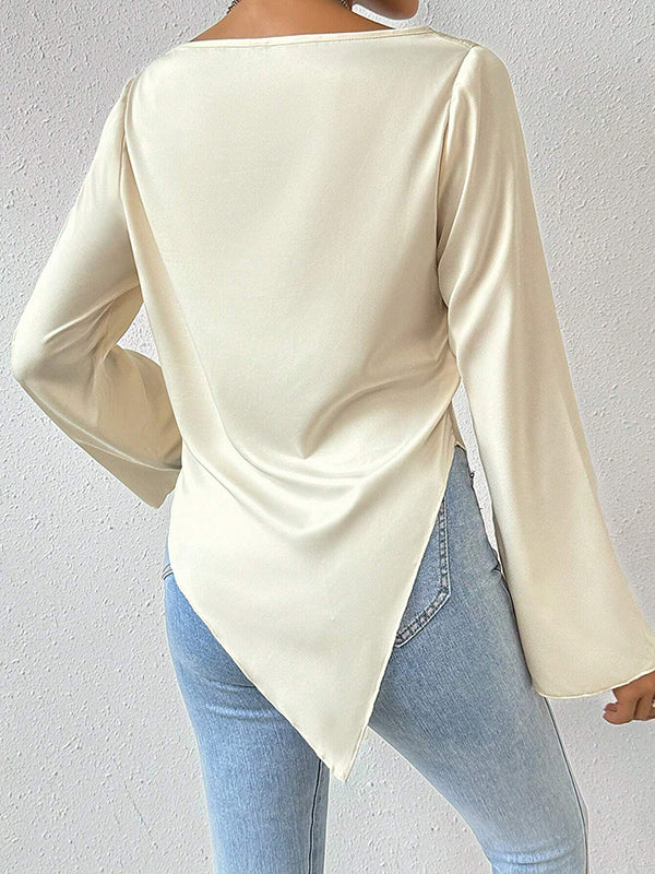 Long Sleeves Loose Solid Color Heaps Collar T-Shirts Tops - Image 6