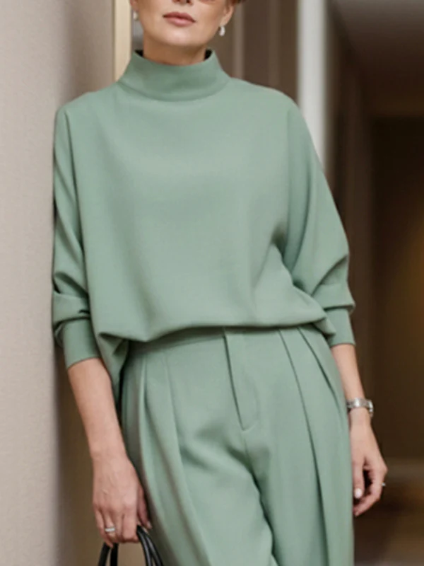 Long Sleeves Loose Solid Color High Neck Blouses&Shirts Tops