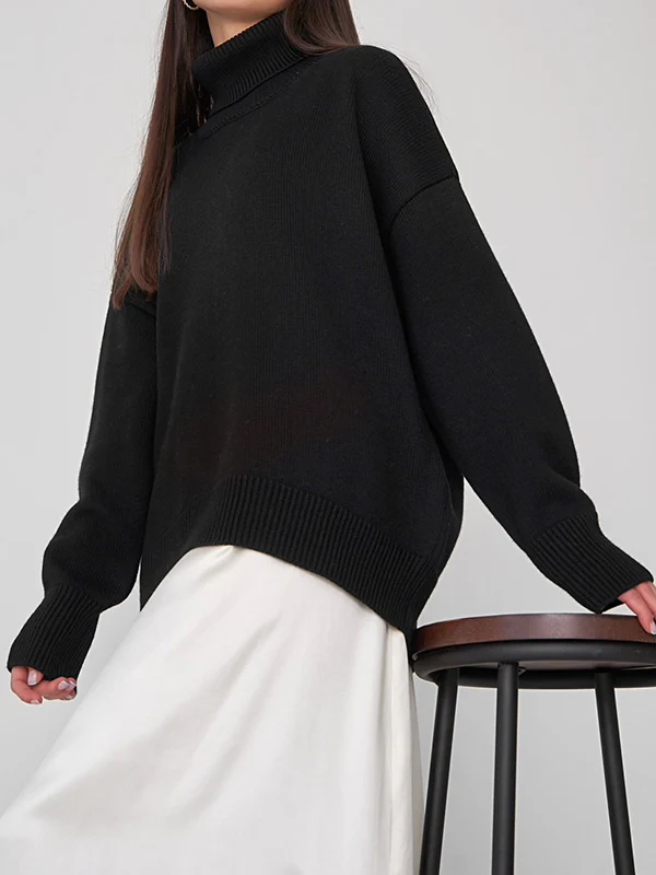 Long Sleeves Loose Solid Color High Neck Knitwear Pullovers Sweater Sweater Tops - Image 12