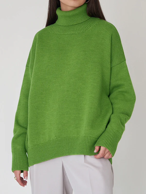 Long Sleeves Loose Solid Color High Neck Knitwear Pullovers Sweater Sweater Tops - Image 14