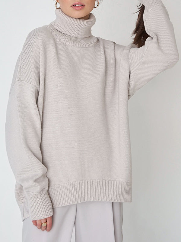 Long Sleeves Loose Solid Color High Neck Knitwear Pullovers Sweater Sweater Tops - Image 17
