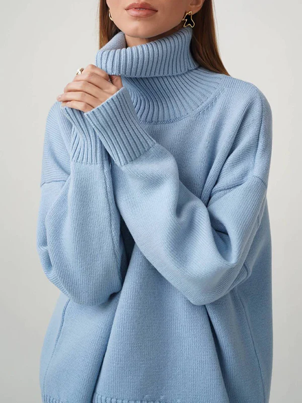 Long Sleeves Loose Solid Color High Neck Knitwear Pullovers Sweater Sweater Tops - Image 18
