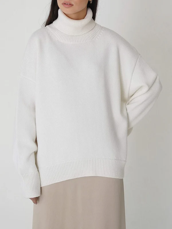 Long Sleeves Loose Solid Color High Neck Knitwear Pullovers Sweater Sweater Tops - Image 21