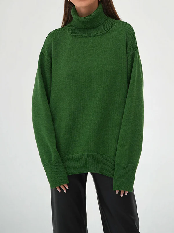 Long Sleeves Loose Solid Color High Neck Knitwear Pullovers Sweater Sweater Tops - Image 26