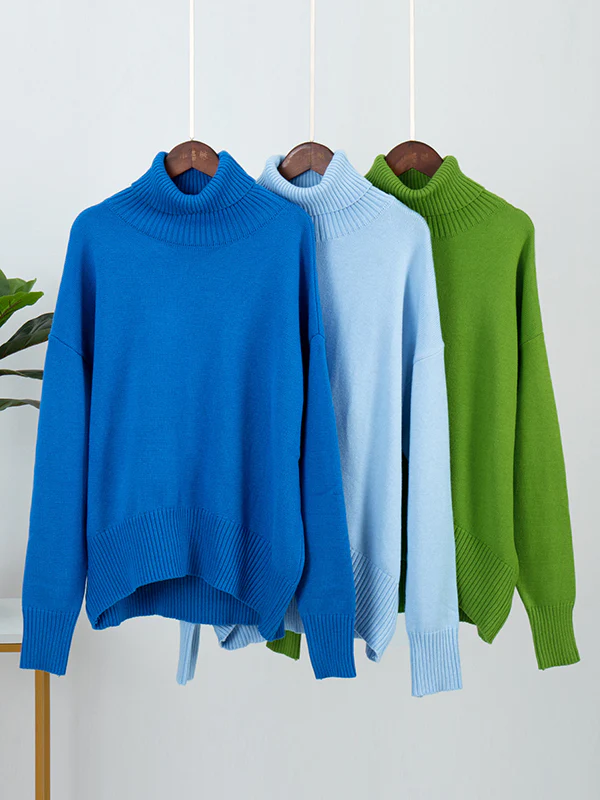 Long Sleeves Loose Solid Color High Neck Knitwear Pullovers Sweater Sweater Tops - Image 27
