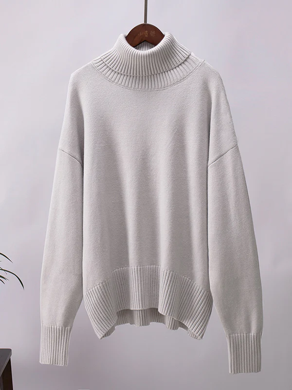 Long Sleeves Loose Solid Color High Neck Knitwear Pullovers Sweater Sweater Tops - Image 29