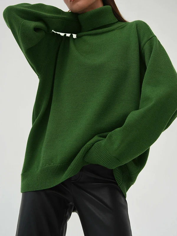 Long Sleeves Loose Solid Color High Neck Knitwear Pullovers Sweater Sweater Tops - Image 3