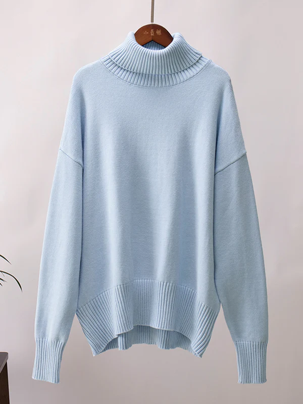 Long Sleeves Loose Solid Color High Neck Knitwear Pullovers Sweater Sweater Tops - Image 32