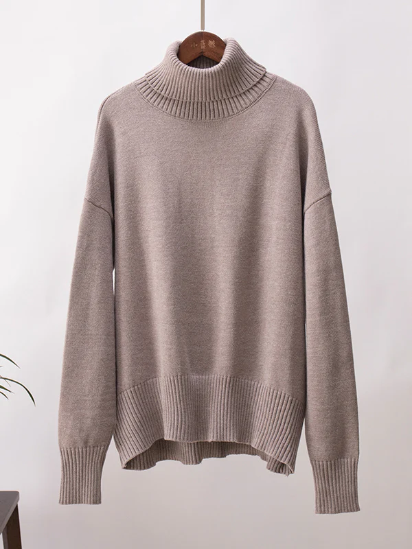 Long Sleeves Loose Solid Color High Neck Knitwear Pullovers Sweater Sweater Tops - Image 36