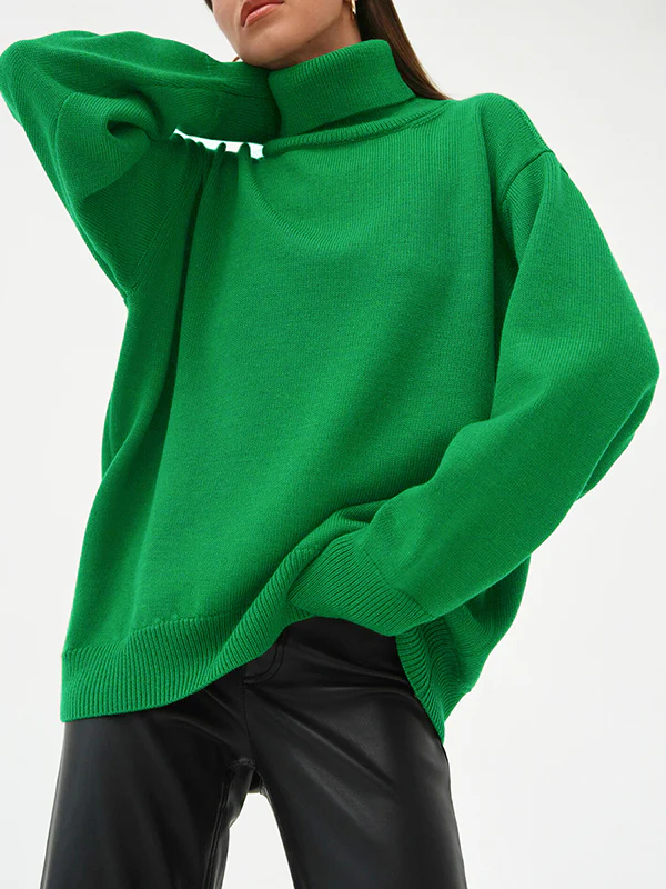 Long Sleeves Loose Solid Color High Neck Knitwear Pullovers Sweater Sweater Tops - Image 4