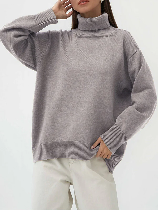 Long Sleeves Loose Solid Color High Neck Knitwear Pullovers Sweater Sweater Tops - Image 5