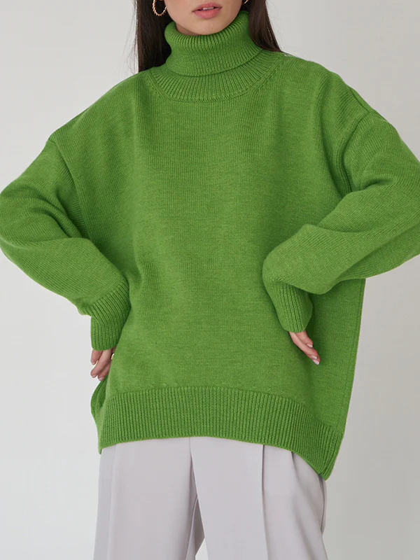 Long Sleeves Loose Solid Color High Neck Knitwear Pullovers Sweater Sweater Tops - Image 8
