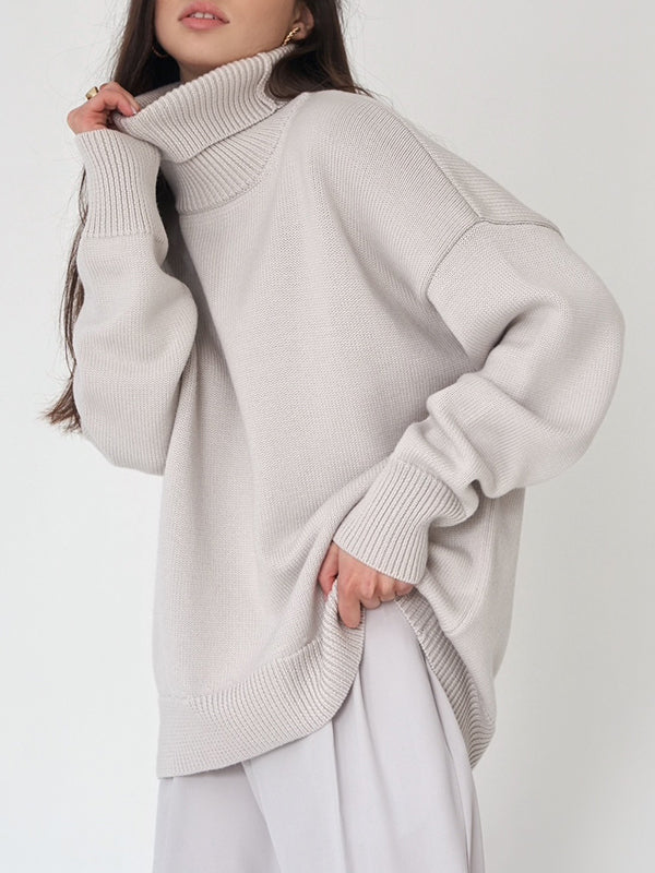 Long Sleeves Loose Solid Color High Neck Knitwear Pullovers Sweater Sweater Tops - Image 9