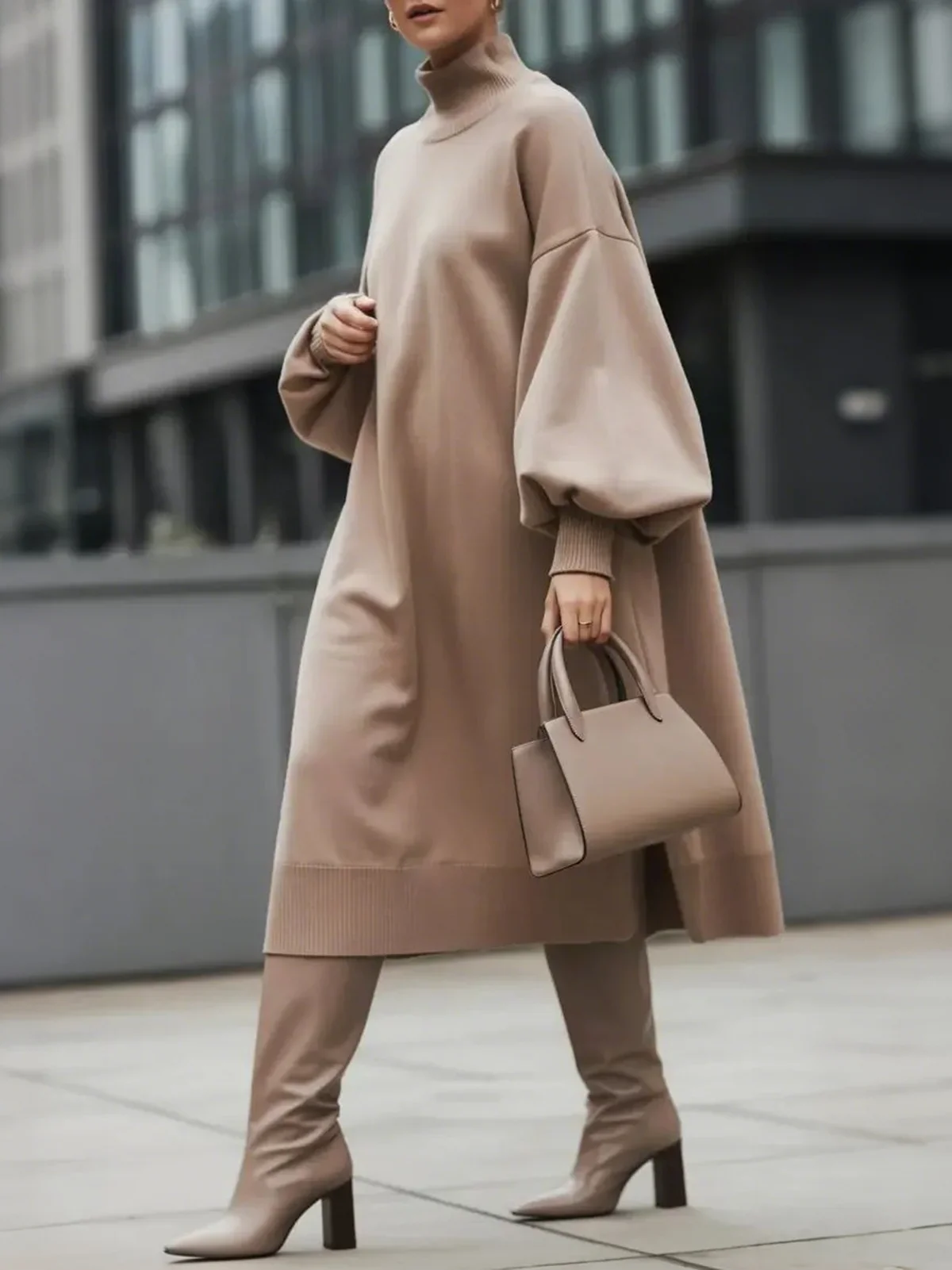 Long Sleeves Loose Solid Color High Neck Midi Dresses Sweater Dresses