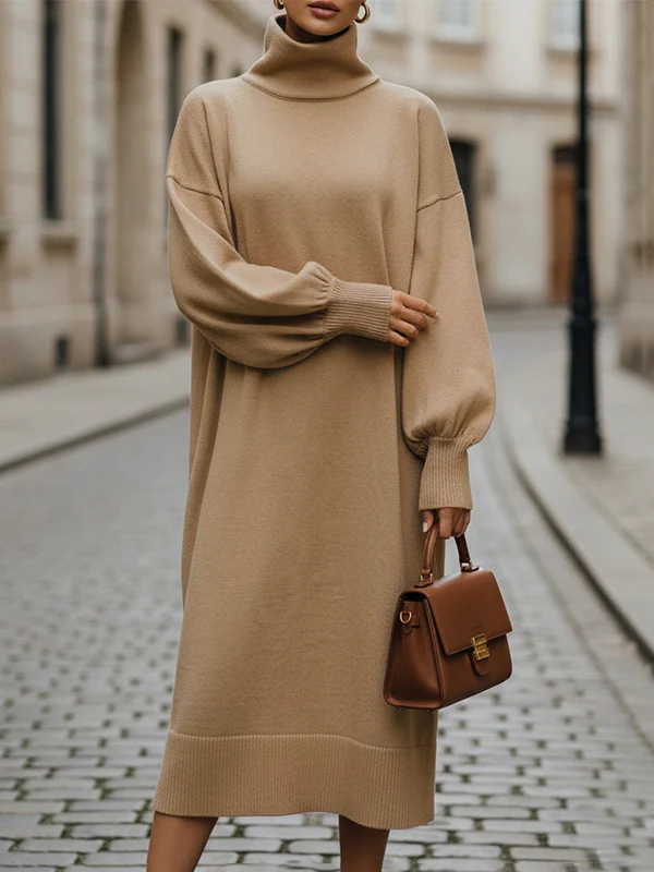 Long Sleeves Loose Solid Color High Neck Midi Dresses Sweater Dresses - Image 2