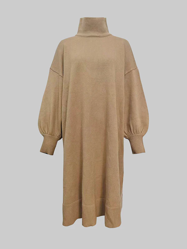 Long Sleeves Loose Solid Color High Neck Midi Dresses Sweater Dresses - Image 3