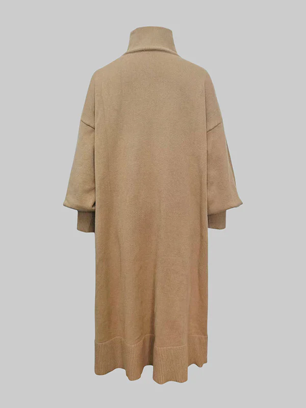 Long Sleeves Loose Solid Color High Neck Midi Dresses Sweater Dresses - Image 4