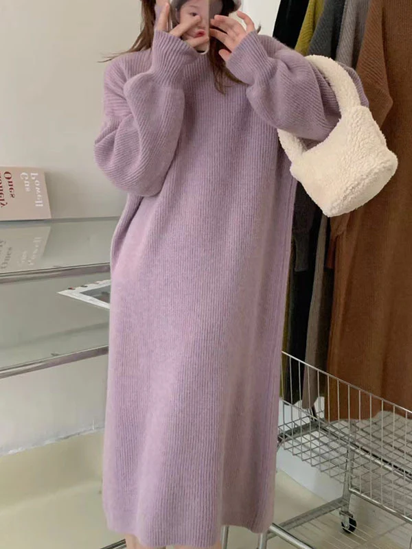 Long Sleeves Loose Solid Color High Neck Midi Dresses Sweater Dresses - Image 10