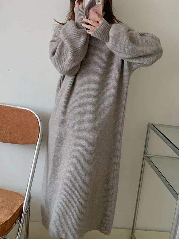 Long Sleeves Loose Solid Color High Neck Midi Dresses Sweater Dresses - Image 11