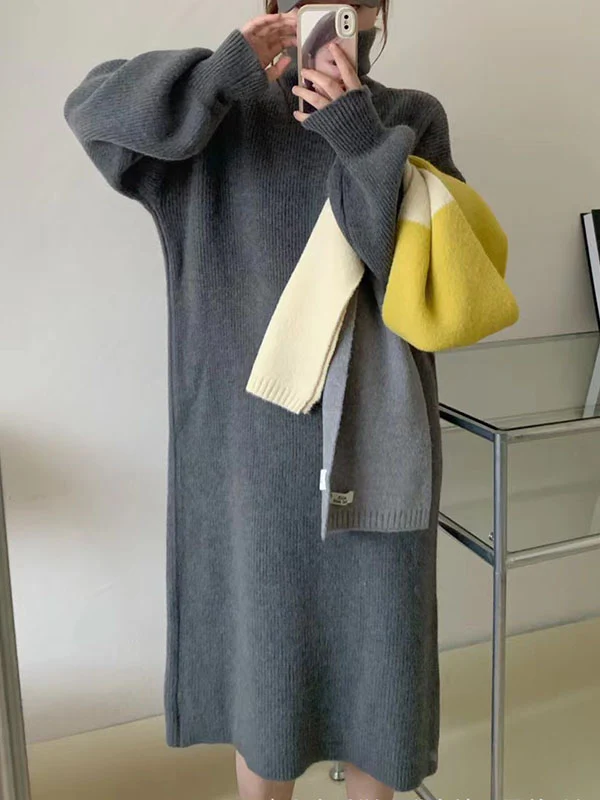 Long Sleeves Loose Solid Color High Neck Midi Dresses Sweater Dresses - Image 12