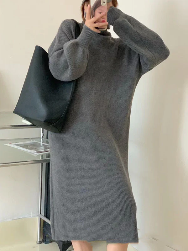 Long Sleeves Loose Solid Color High Neck Midi Dresses Sweater Dresses - Image 13