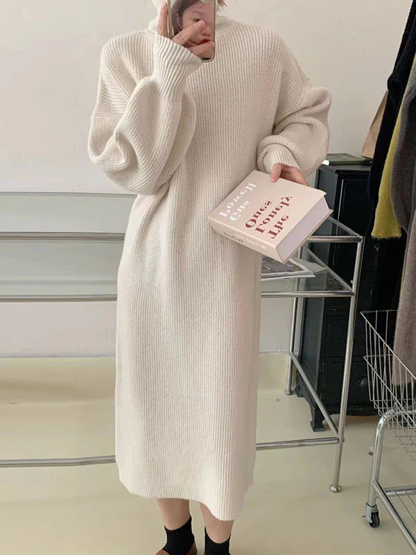 Long Sleeves Loose Solid Color High Neck Midi Dresses Sweater Dresses - Image 14