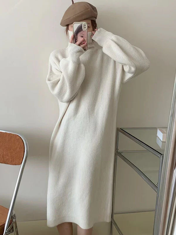Long Sleeves Loose Solid Color High Neck Midi Dresses Sweater Dresses - Image 15