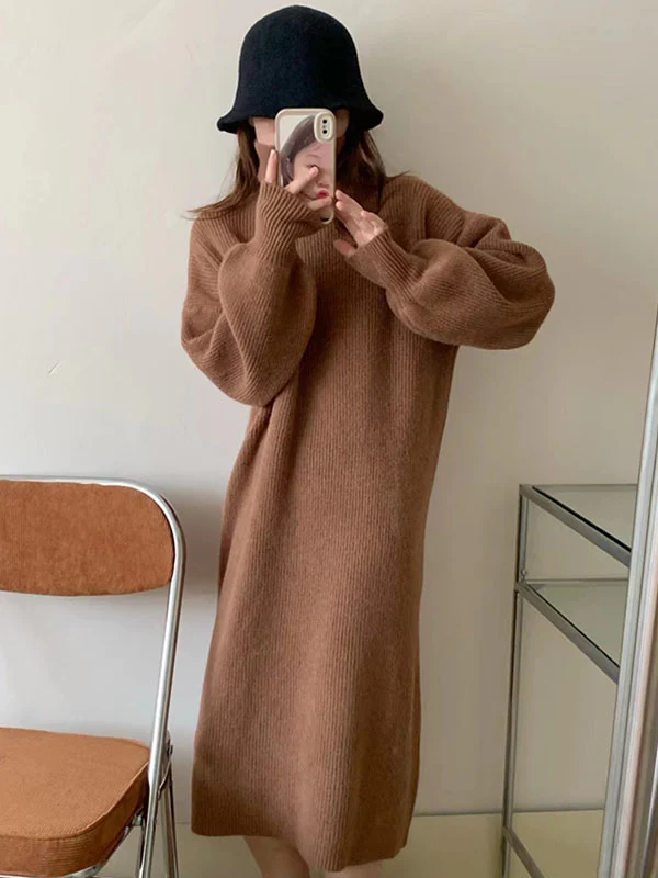 Long Sleeves Loose Solid Color High Neck Midi Dresses Sweater Dresses - Image 16