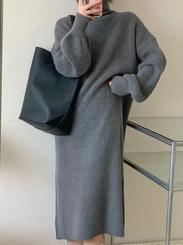 Long Sleeves Loose Solid Color High Neck Midi Dresses Sweater Dresses - Image 2