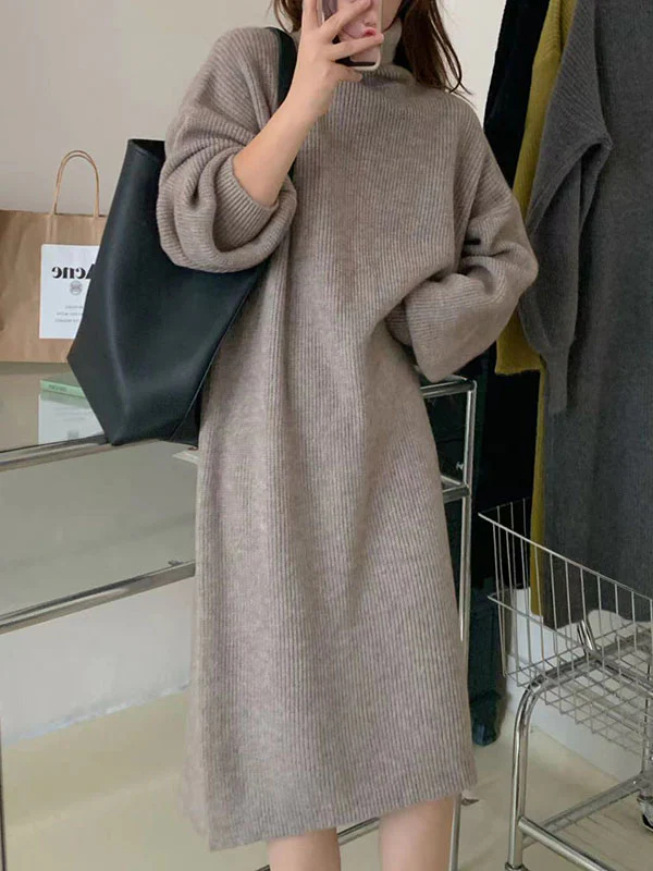 Long Sleeves Loose Solid Color High Neck Midi Dresses Sweater Dresses - Image 3