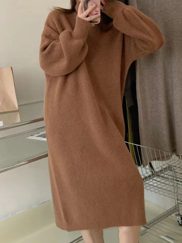 Long Sleeves Loose Solid Color High Neck Midi Dresses Sweater Dresses - Image 4