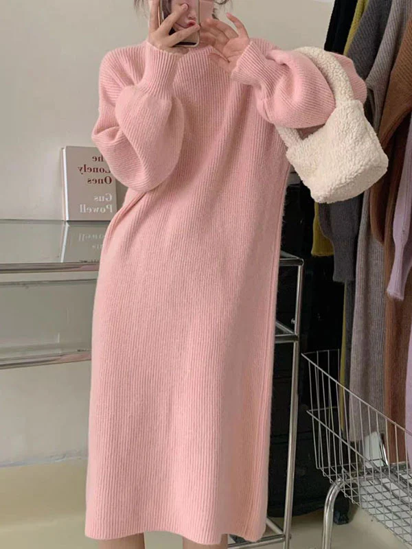 Long Sleeves Loose Solid Color High Neck Midi Dresses Sweater Dresses - Image 5