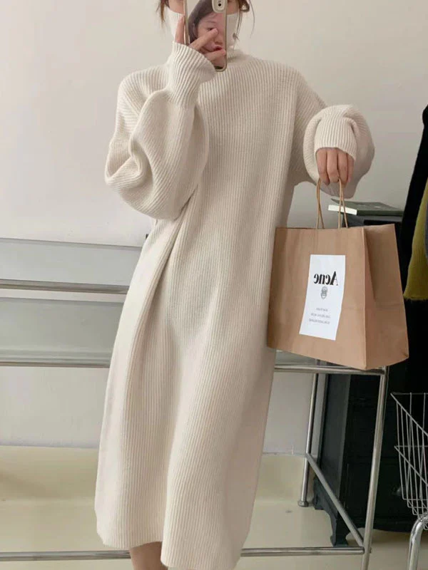 Long Sleeves Loose Solid Color High Neck Midi Dresses Sweater Dresses - Image 6