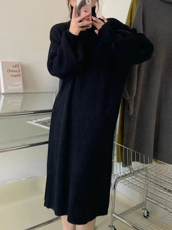 Long Sleeves Loose Solid Color High Neck Midi Dresses Sweater Dresses - Image 7