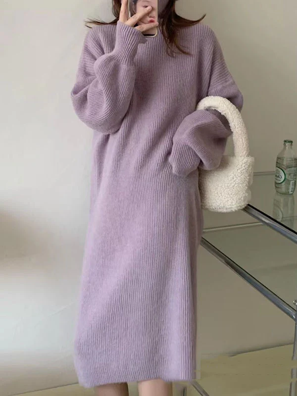 Long Sleeves Loose Solid Color High Neck Midi Dresses Sweater Dresses - Image 8