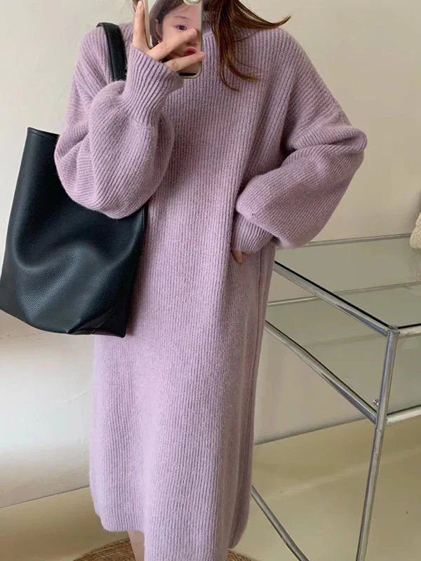 Long Sleeves Loose Solid Color High Neck Midi Dresses Sweater Dresses - Image 9