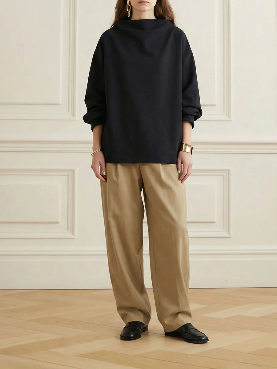 Long Sleeves Loose Solid Color High-neck Sweatershirt - Image 2