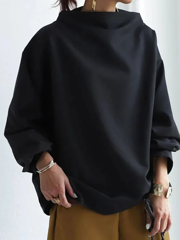 Long Sleeves Loose Solid Color High-neck Sweatershirt - Image 3