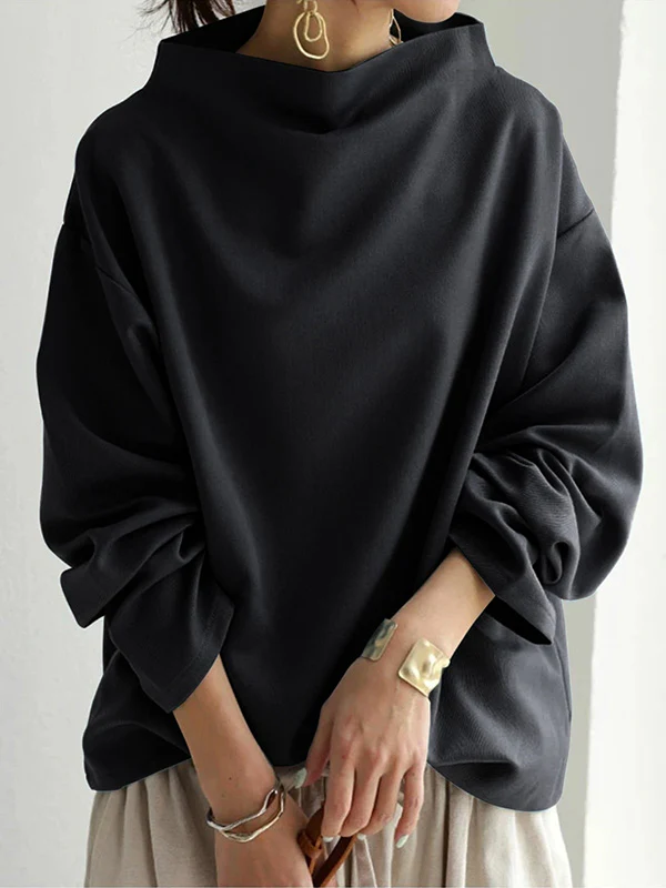 Long Sleeves Loose Solid Color High-neck Sweatershirt - Image 5