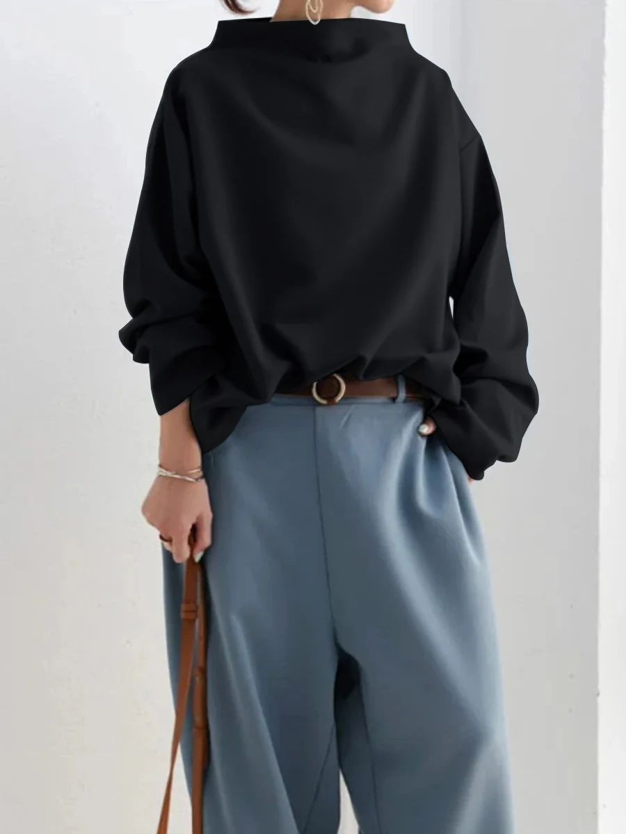 Long Sleeves Loose Solid Color High-neck Sweatershirt - Image 6