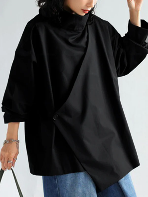 Long Sleeves Loose Solid Color High Neck T-Shirts Tops - Image 2