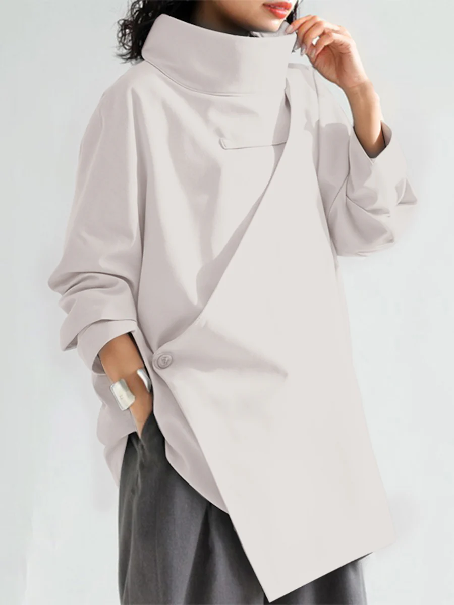Long Sleeves Loose Solid Color High Neck T-Shirts Tops - Image 3
