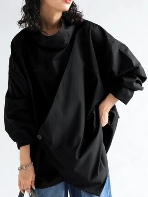 Long Sleeves Loose Solid Color High Neck T-Shirts Tops - Image 4